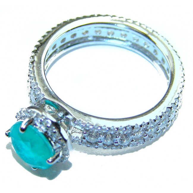 Vintage style - Timless Beauty 6.5 carat Emerald .925 Sterling Silver handcrafted Statement ring size 7 - Side view of vintage style emerald and diamond ring.