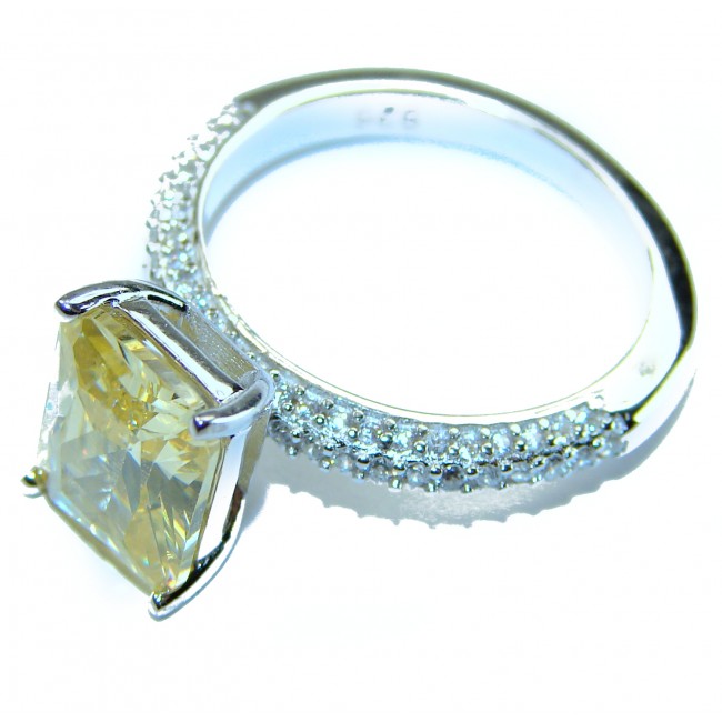 emerald cut 4.2 carat yellow Sapphire .925 Sterling Silver brilliantly handcrafted ring s. 7 1/4 - Side view of 4.2 carat yellow sapphire ring in .925 sterling silver