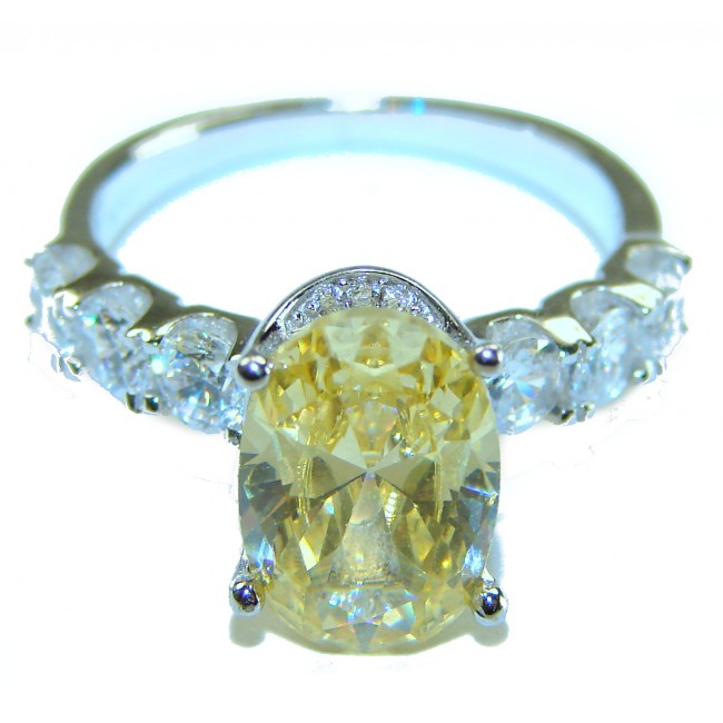 Esmeralda cut 7.2 carat yellow Sapphire .925 Sterling Silver brilliantly handcrafted ring s. 7 1/4 - Yellow sapphire ring close-up showing side stones and setting details