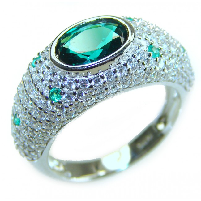 Vintage style - 3.5 carat Emerald .925 Sterling Silver handcrafted Statement ring size 6 - Side view of vintage 3.5 carat emerald ring in sterling silver.