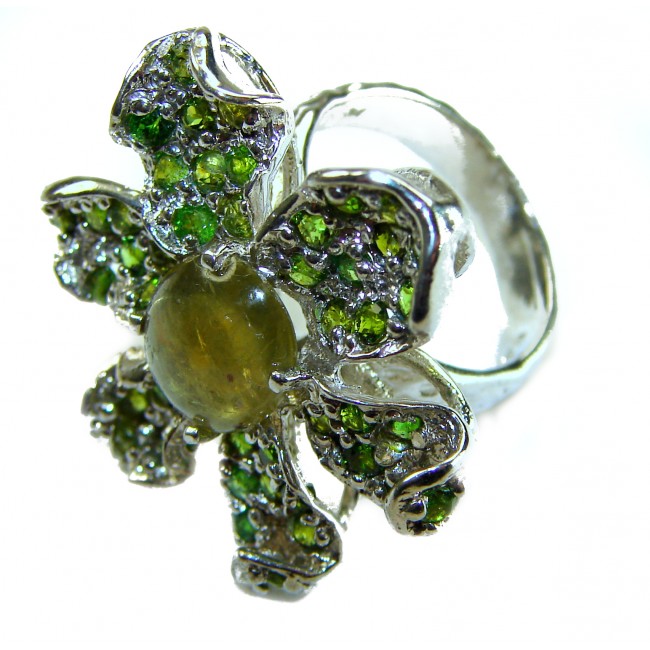 Exotica Natural 15.4 carat Green Tourmaline Tsavorite Garnet .925 Sterling Silver handmade Large Statement Ring size 7