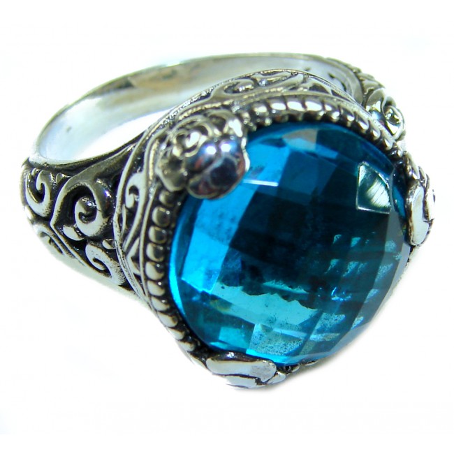 Nautilus 12.8 carat London Blue Topaz .925 Sterling Silver handcrafted Ring size 7 adjustable