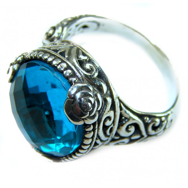 Nautilus 12.8 carat London Blue Topaz .925 Sterling Silver handcrafted Ring size 7 adjustable