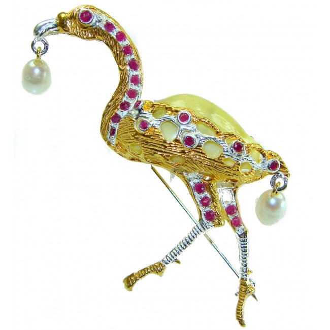 Precious Heron Natural Sea Shell 2 tones .925 Sterling Silver Brooch