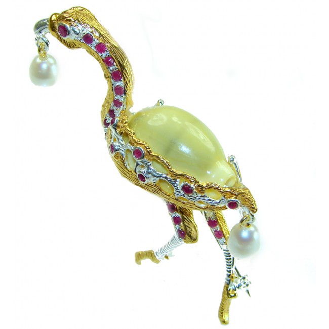 Precious Heron Natural Sea Shell 2 tones .925 Sterling Silver Brooch