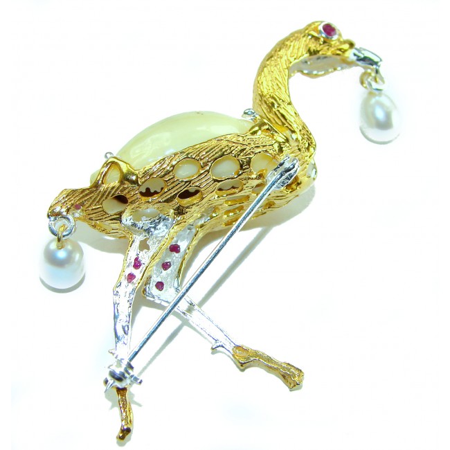 Precious Heron Natural Sea Shell 2 tones .925 Sterling Silver Brooch