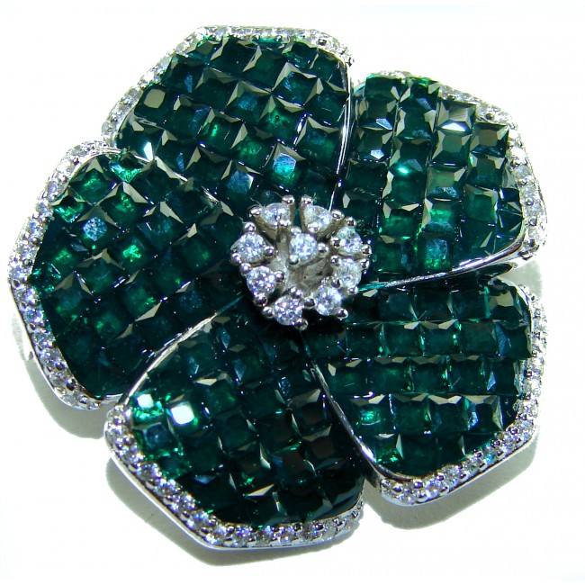 Posh Precious Flower 24.5 carat Emerald .925 Sterling Silver handcrafted pendant - Front view of Posh Precious Flower brooch with emeralds and diamonds.