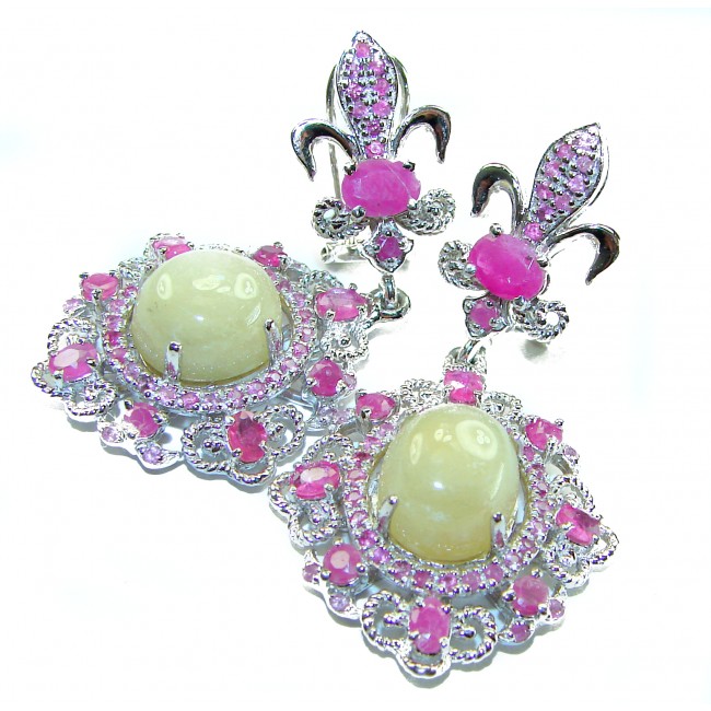 Celtic Spirit authentic fancy cut 22.5 carat Yellow Tourmaline .925 Sterling Silver handcrafted Statement earrings - Yellow Tourmaline earrings with pink gems, front view close-up.