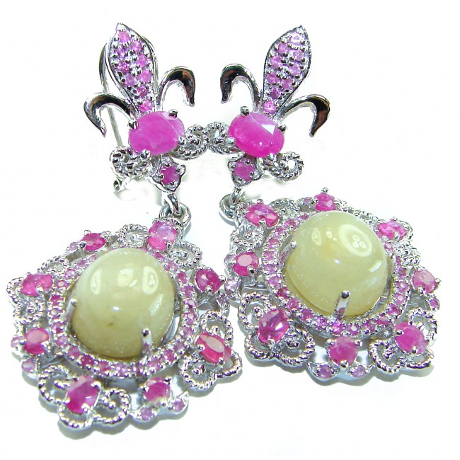 Celtic Spirit authentic fancy cut 22.5 carat Yellow Tourmaline .925 Sterling Silver handcrafted Statement earrings - Fancy cut earrings with yellow tourmaline and pink stones, front view.