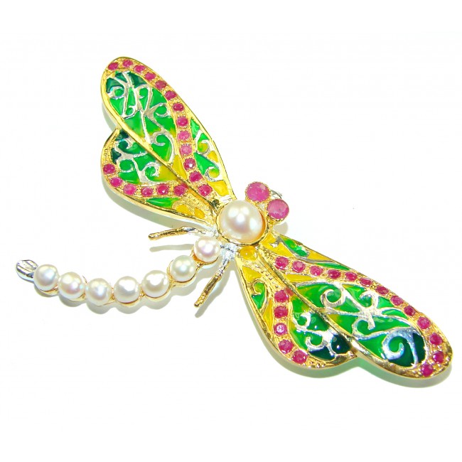 Big Dragonfly Pearl Enamel 18K Gold over .925 Sterling Silver handcrafted Pendant Brooch