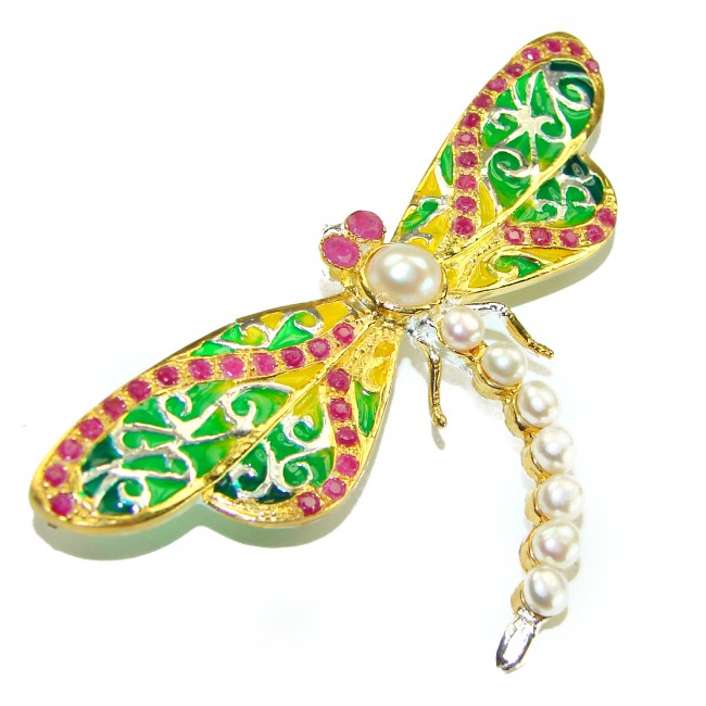 Big Dragonfly Pearl Enamel 18K Gold over .925 Sterling Silver handcrafted Pendant Brooch