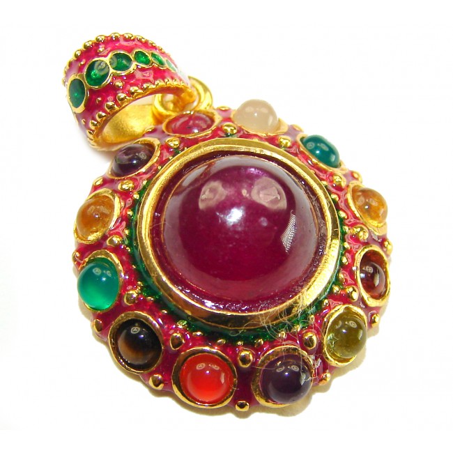 Circle of Life Deluxe 9.2 carat authentic Ruby enamel 18K Gold over .925 Sterling Silver handmade Pendant - Close-up of ornate pendant with central ruby and colorful surrounding stones.