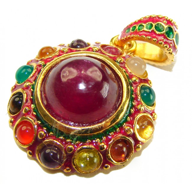 Circle of Life Deluxe 9.2 carat authentic Ruby enamel 18K Gold over .925 Sterling Silver handmade Pendant - Close-up of gem-encrusted pendant with central ruby.