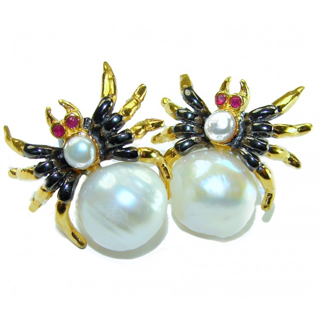 Spider Genuine Pearl 14K Gold rhodium over .925 Sterling Silver handcrafted Statement Earrings