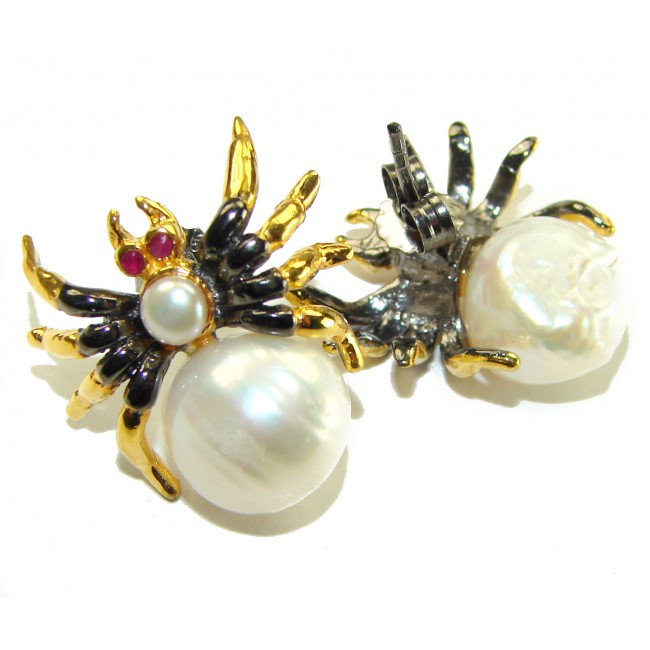 Spider Genuine Pearl 14K Gold rhodium over .925 Sterling Silver handcrafted Statement Earrings