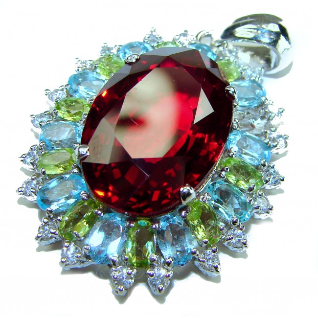 Rose Garden - Victorian style - 49.5 carat Authentic Ruby .925 Sterling Silver handcrafted Pendant Brooch - Close-up of Victorian style pendant with ruby and multicolored stones.