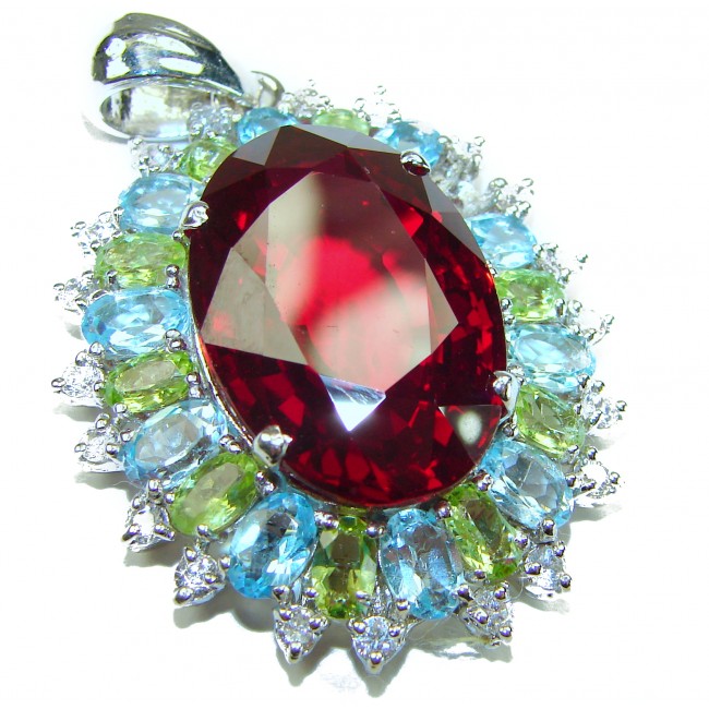 Rose Garden - Victorian style - 49.5 carat Authentic Ruby .925 Sterling Silver handcrafted Pendant Brooch - Close-up of Victorian style ruby pendant with blue and green stones.