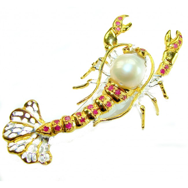 Precious Crayfish Natural Mother of Pearl Ruby 18K Gold over .925 Sterling Silver handmade Pendant Brooch