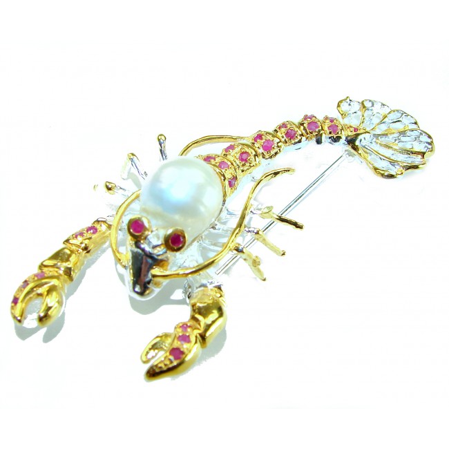 Precious Crayfish Natural Mother of Pearl Ruby 18K Gold over .925 Sterling Silver handmade Pendant Brooch