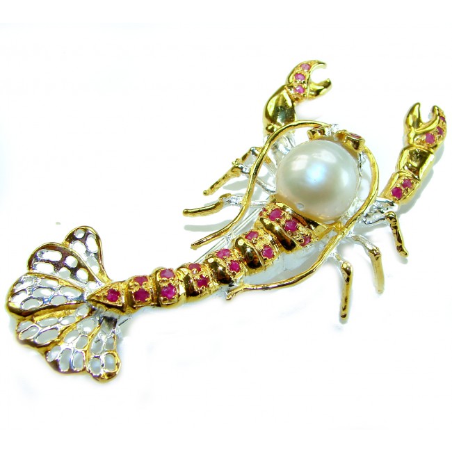 Precious Crayfish Natural Mother of Pearl Ruby 18K Gold over .925 Sterling Silver handmade Pendant Brooch