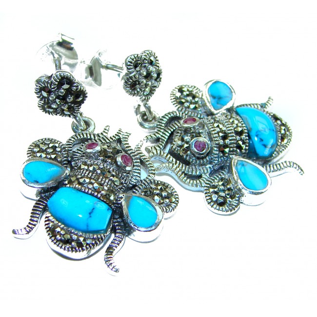 Blue Bees inlay Turquoise Ruby Marcasite .925 Sterling Silver Handcrafted earrings