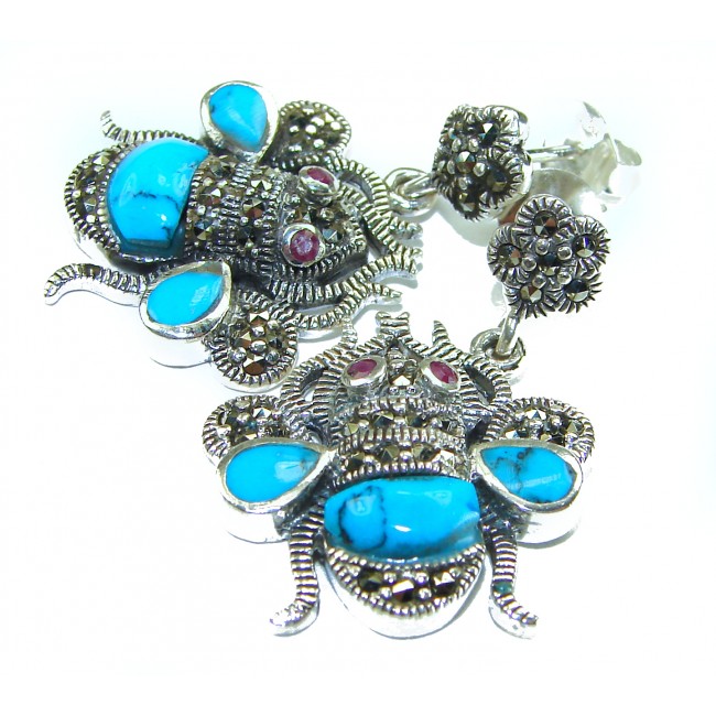 Blue Bees inlay Turquoise Ruby Marcasite .925 Sterling Silver Handcrafted earrings