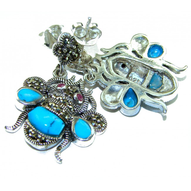 Blue Bees inlay Turquoise Ruby Marcasite .925 Sterling Silver Handcrafted earrings