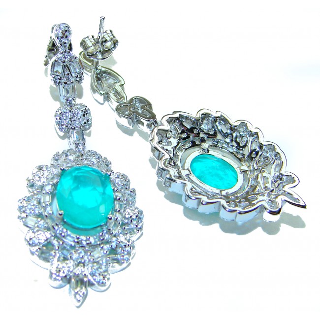 Pure Luxury 12.2 carat natural Colombian Emerald .925 Sterling Silver handmade Statement earrings - Emerald earrings front and back view, sterling silver detailing.