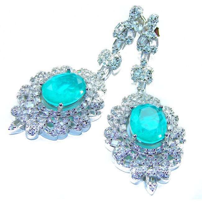 Pure Luxury 12.2 carat natural Colombian Emerald .925 Sterling Silver handmade Statement earrings - Close-up of Colombian emerald earrings with diamond accents.