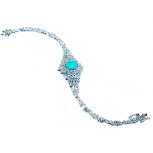 Gabriella 10.2 carat authentic Emerald rhodium over .925 Sterling Silver handcrafted Statement bracelet - Top view of Gabriella 10.2 carat emerald bracelet with diamonds.