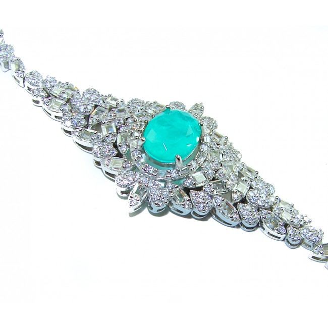 Gabriella 10.2 carat authentic Emerald rhodium over .925 Sterling Silver handcrafted Statement bracelet - Emerald stone close-up on Gabriella rhodium bracelet, top view.