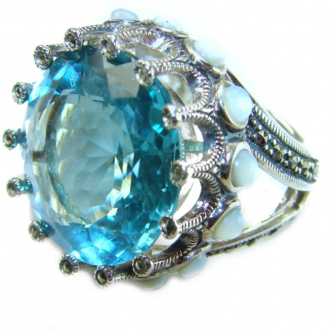 Massive Angel Blue 41.8 carat Aquamarine .925 Sterling Silver handcrafted Large ring size 7