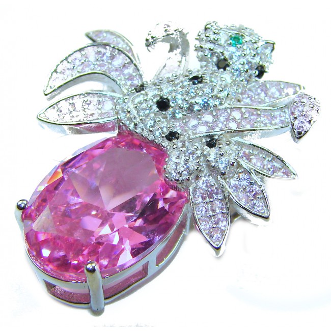 Pink Cheetah authentic 12.5 carat Swiss Blue Topaz .925 Sterling Silver Handcrafted pendant brooch - photo 2