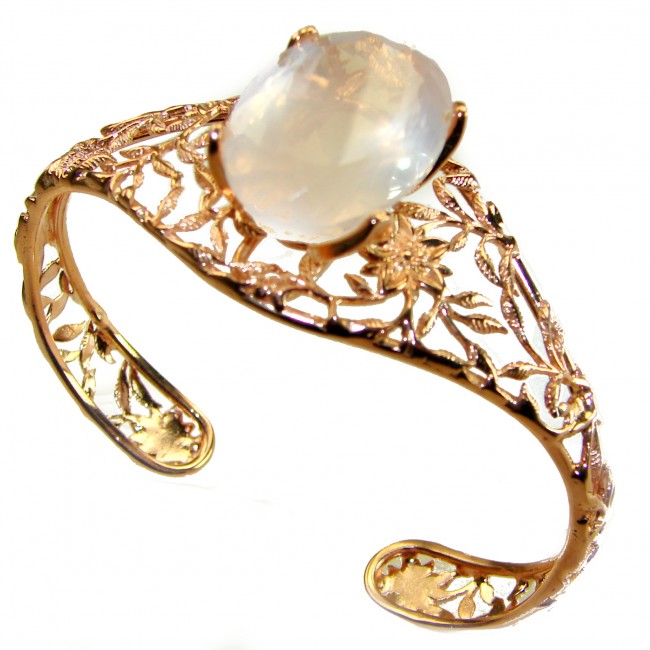 Vintage Beauty Genuine 30.2carat Brazilian Rose Quartz Rose quartz 18K Rose Gold over .925 Sterling Silver handcrafted Bracelet / Cuff - Side view of vintage bracelet with rose quartz and filigree design.