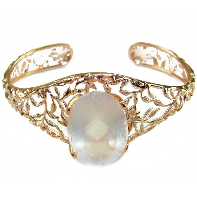 Vintage Beauty Genuine 30.2carat Brazilian Rose Quartz Rose quartz 18K Rose Gold over .925 Sterling Silver handcrafted Bracelet / Cuff - Rose quartz bracelet, front view, intricate leaf design.