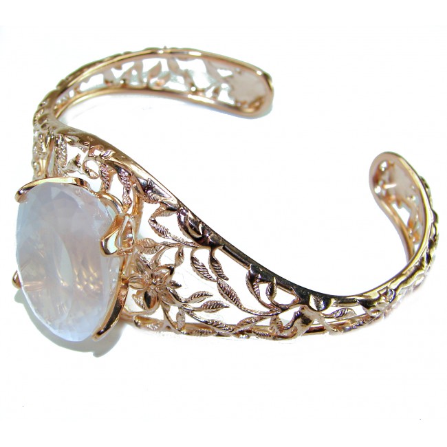 Vintage Beauty Genuine 30.2carat Brazilian Rose Quartz Rose quartz 18K Rose Gold over .925 Sterling Silver handcrafted Bracelet / Cuff - Side view of vintage bracelet with rose quartz and floral filigree.