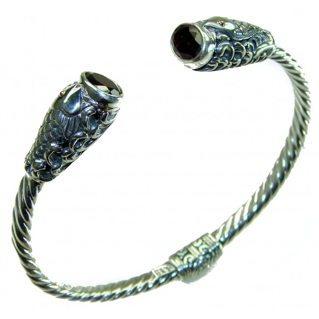 Two Fishes 5.5 carat Mozambique Garnet .925 Sterling Silver handcrafted Statement Bracelet / Cuff