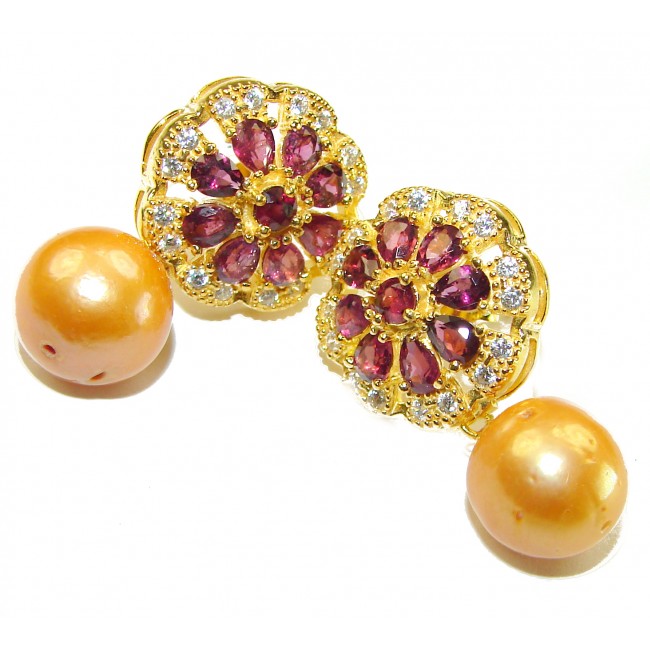 Sublime Golden Pearl Garnet 148K Gold over .925 Sterling Silver handcrafted Earrings