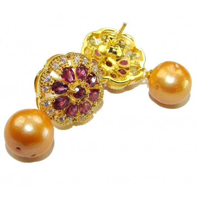 Sublime Golden Pearl Garnet 148K Gold over .925 Sterling Silver handcrafted Earrings