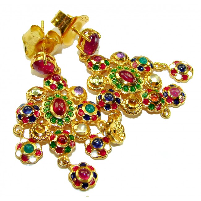 Clarity - Very Unique - Real 8.8 carat Ruby Enamel 22K Gold over .925 Sterling Silver handcrafted earrings - Colorful enamel and ruby gold earrings, close-up of design and stones.