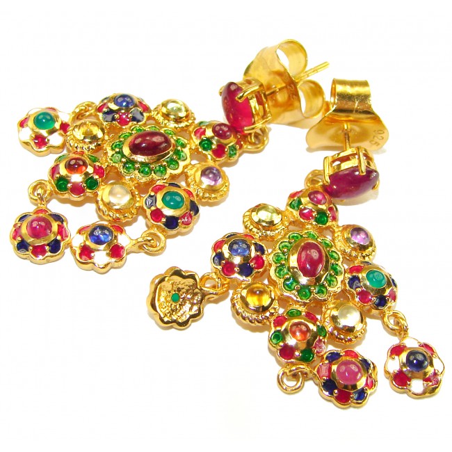 Clarity - Very Unique - Real 8.8 carat Ruby Enamel 22K Gold over .925 Sterling Silver handcrafted earrings - Colorful chandelier earrings with gold, rubies, and enamel details.