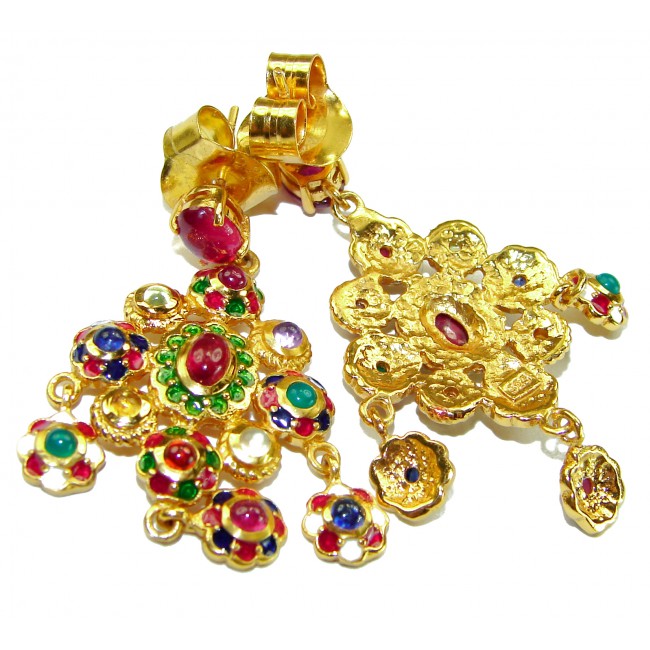 Clarity - Very Unique - Real 8.8 carat Ruby Enamel 22K Gold over .925 Sterling Silver handcrafted earrings - Colorful 22K gold earrings with ruby and enamel, front view.