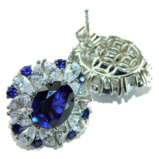 Gabriella 6.2 carat authentic Sapphire .925 Sterling Silver handcrafted Statement earrings - Close-up of sapphire and diamond earrings with sterling silver backing