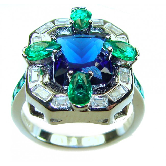 Art Deco 8.6 ctw Sapphire Emerald .925 Sterling Silver handcrafted Statement Ring size 7 1/2 - Close-up of Art Deco sapphire and emerald sterling silver ring.