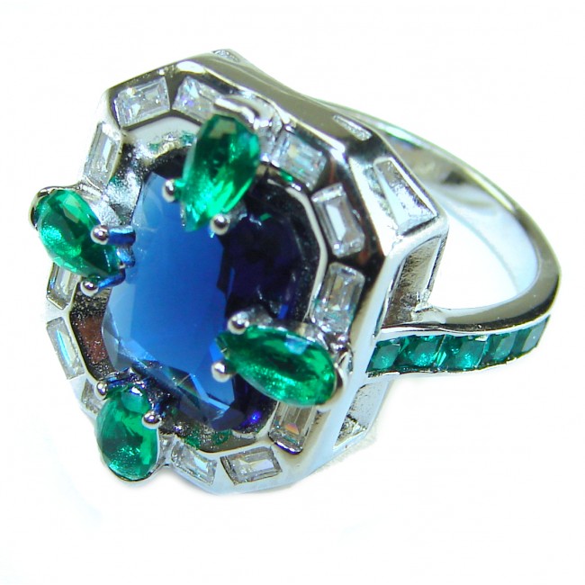 Art Deco 8.6 ctw Sapphire Emerald .925 Sterling Silver handcrafted Statement Ring size 7 1/2 - Close-up of Art Deco sapphire emerald sterling silver ring