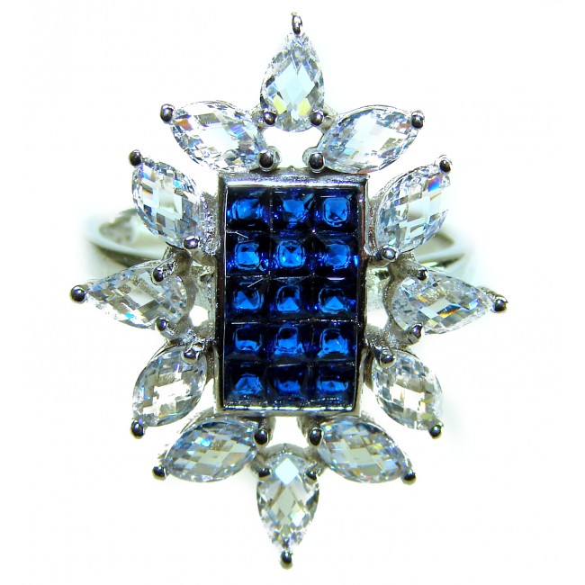 Art Deco - Precious Sapphire - authentic 22.2 carat Sapphire .925 Sterling Silver Eternity Ring size 7 1/2 - Sapphire ring front view, surrounded by clear marquise stones.