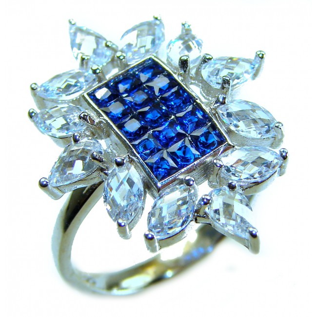Art Deco - Precious Sapphire - authentic 22.2 carat Sapphire .925 Sterling Silver Eternity Ring size 7 1/2 - Sapphire ring close-up with diamond accents in Art Deco style