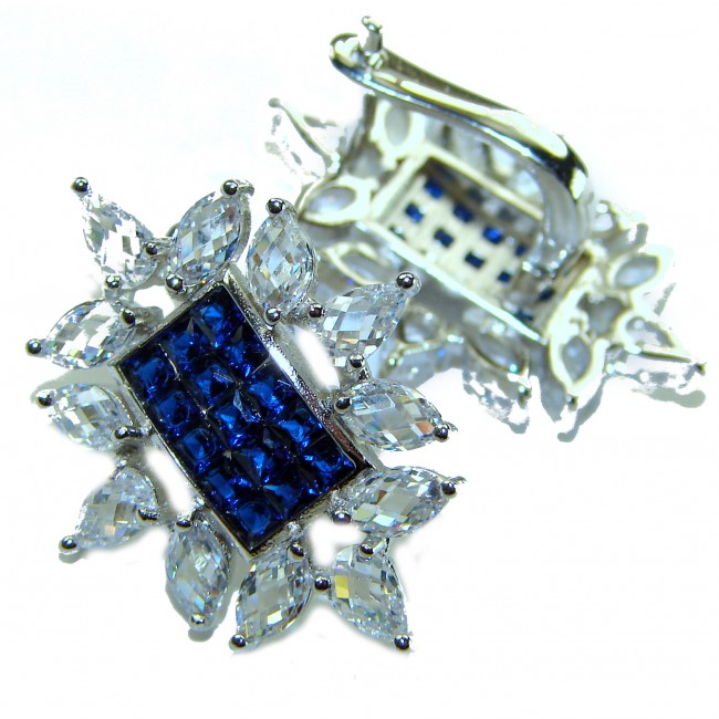 Born to Glam authentic 10.5 carat Sapphire .925 Sterling Silver handcrafted earrings - Close-up of 10.5 carat sapphire and crystal earrings on white background.