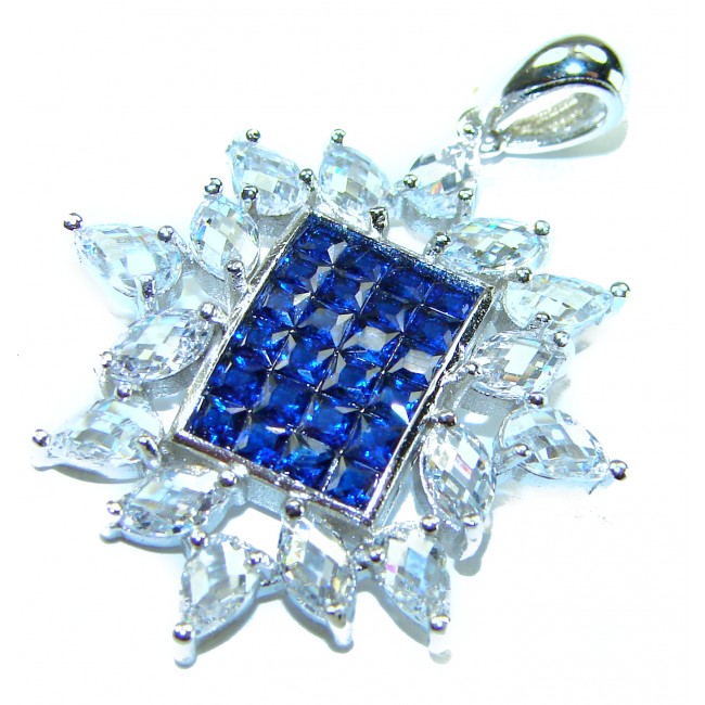 Art Deco - Precious Sapphire - authentic 12.2 carat Sapphire .925 Sterling Silver Eternity handcrafted PENDANT - Close-up of sapphire and clear stone Art Deco pendant.