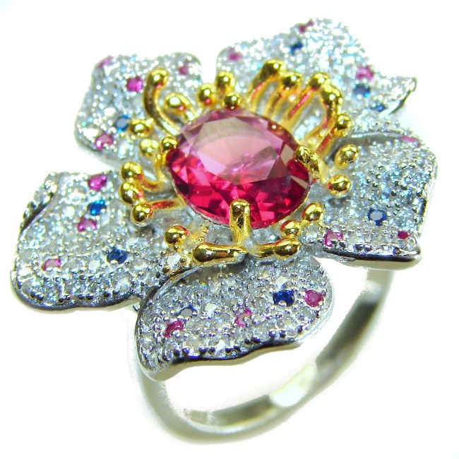 Spectacular Flower Authentic 4.3 carat Pink Tourmaline 2 tones .925 Sterling Silver handmade Cocktail Ring s. 7 1/4